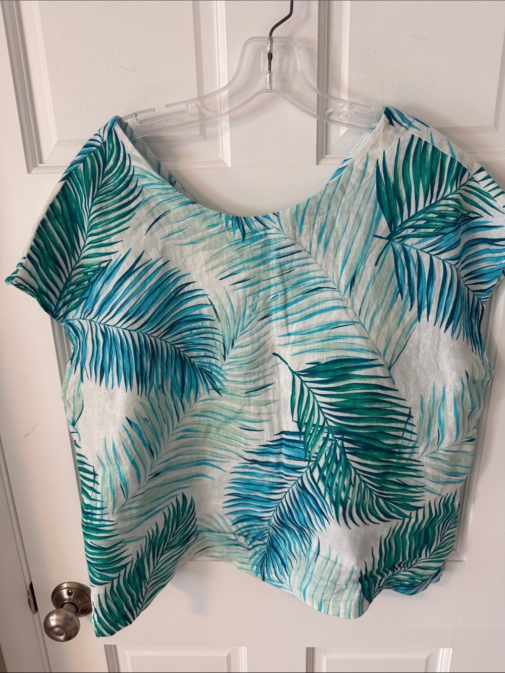 Tahari 100% Linen Blue & Green Tropical Palm Print Button Back Blouse Boxy XL